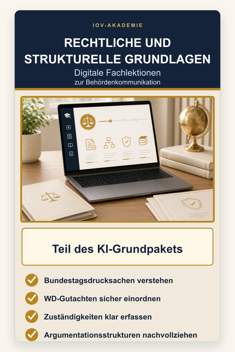 Digitale Fachlektionen der IOV-Akademie zu rechtlichen und strukturellen Grundlagen der Behördenkommunikation